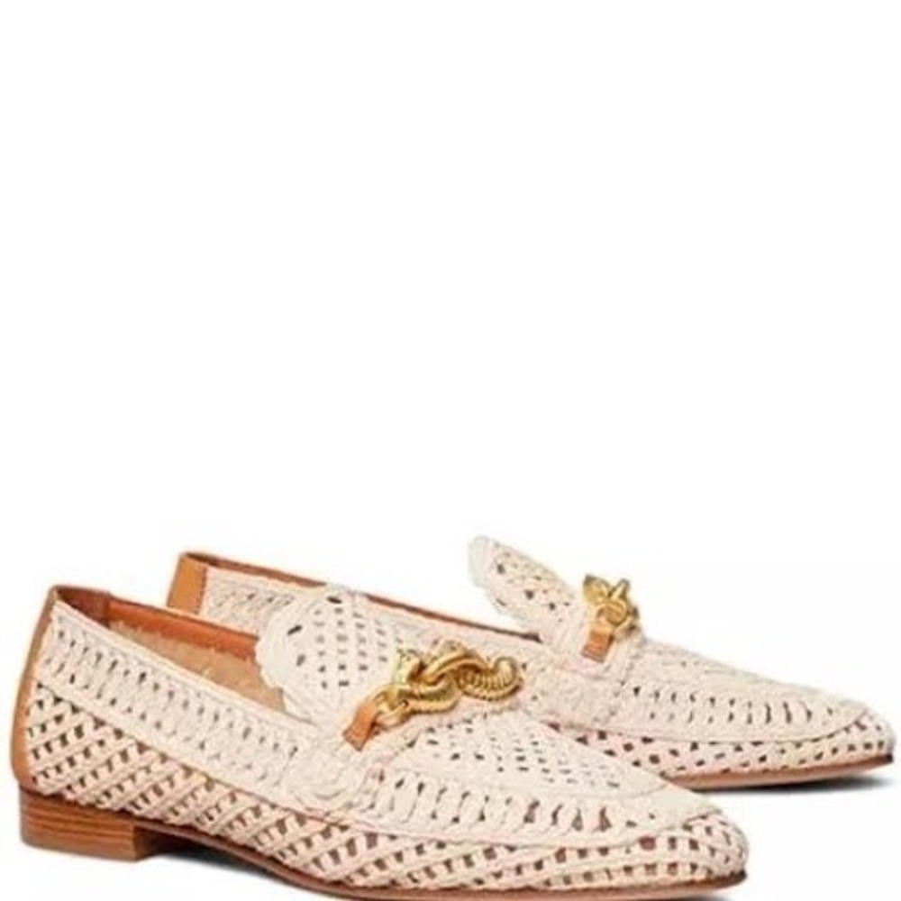 TORY BURCH JESSA WOVEN LOAFER LEATHER Flats Beige Gold Women's 7.5